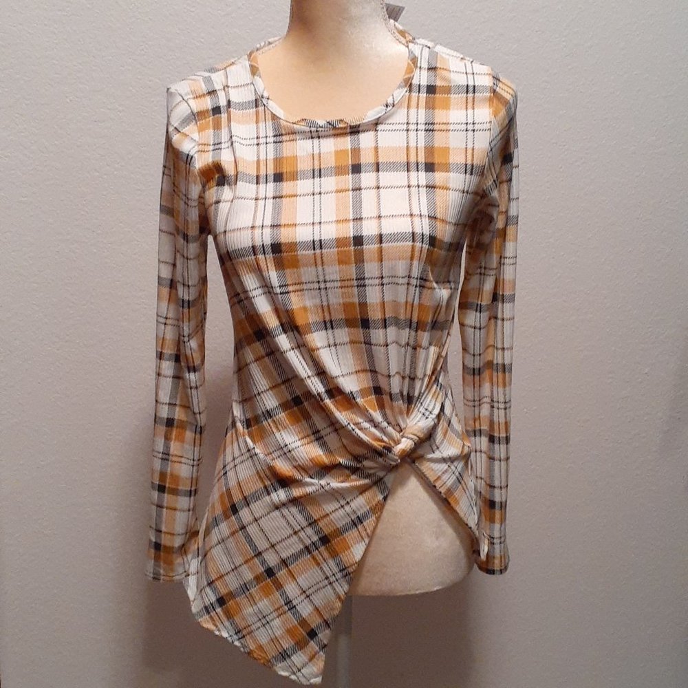 B Famous #USA Gold Black Cream Gingham Squares Asymetrical Shirt - Size Medium